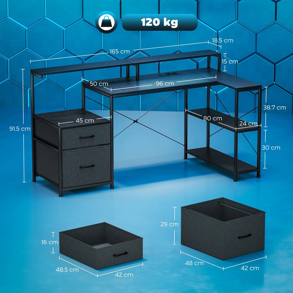 HOMCOM Birou Gaming în formă de L cu prize multiple, LED-uri, 165x80 cm, birou PC cu 2 sertare din material textil, 2 rafturi deschise, măsuță laterală și 2 suporturi monitor, din PAL și oțel, Negru | Aosom Romania