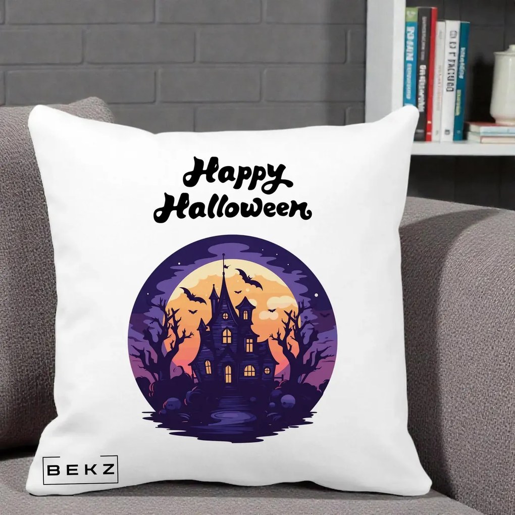 Perna Decorativa Happy Halloween Casa Bantuita Violet, 40x40 cm, Alba Mata, Husa Detasabila, Perna Inclusa, BEKZ®