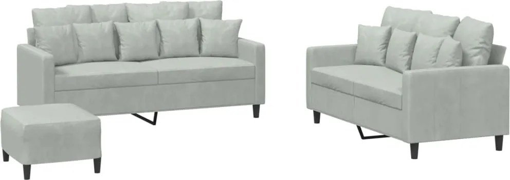 vidaXL Set de canapele cu perne, 3 piese, gri deschis, catifea