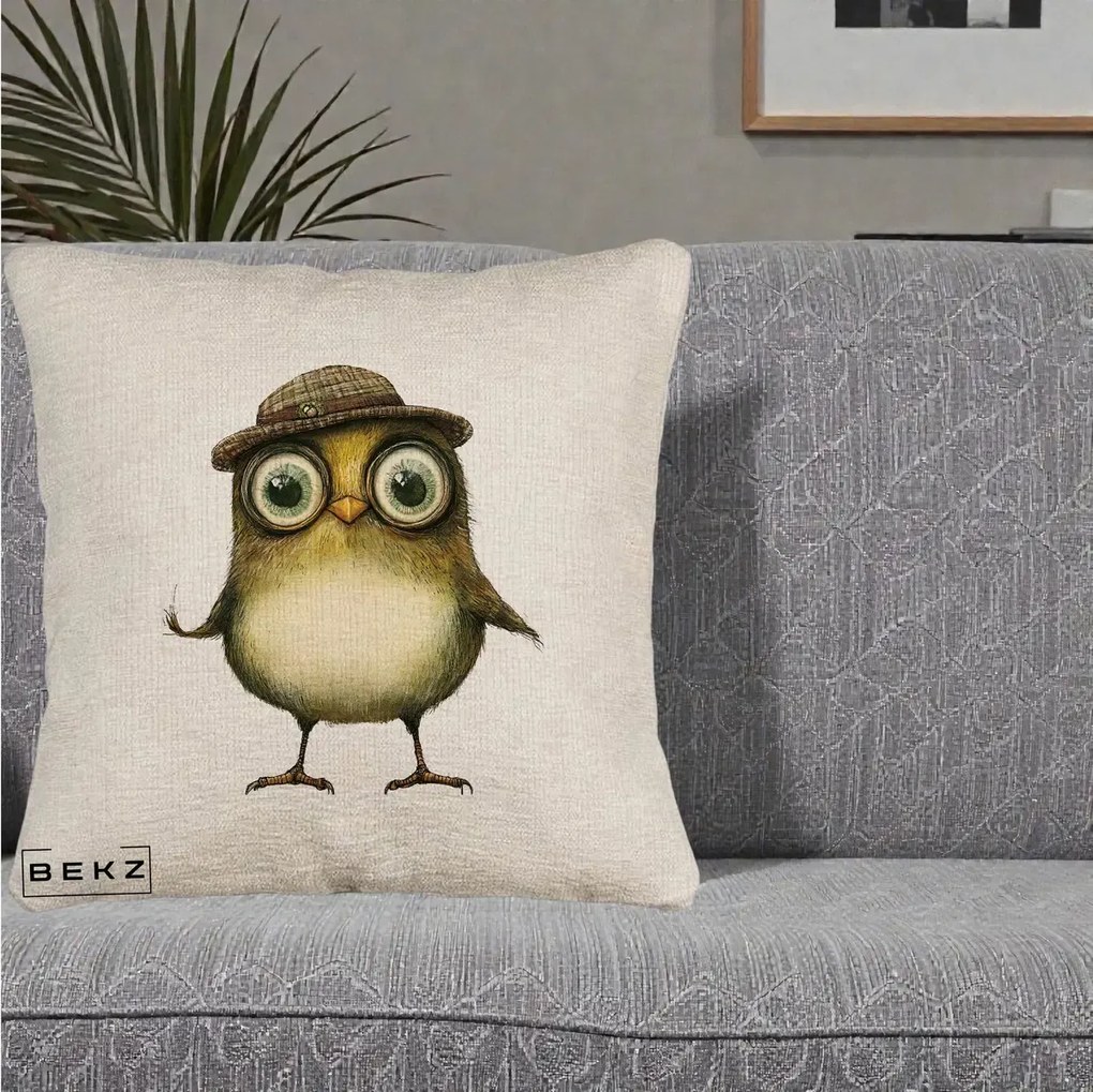 Perna Decorativa Pui Intelectual cu Palarie Tweed, 40x40 cm, Bej Canapea, Husa Detasabila, Perna Inclusa, BEKZ®