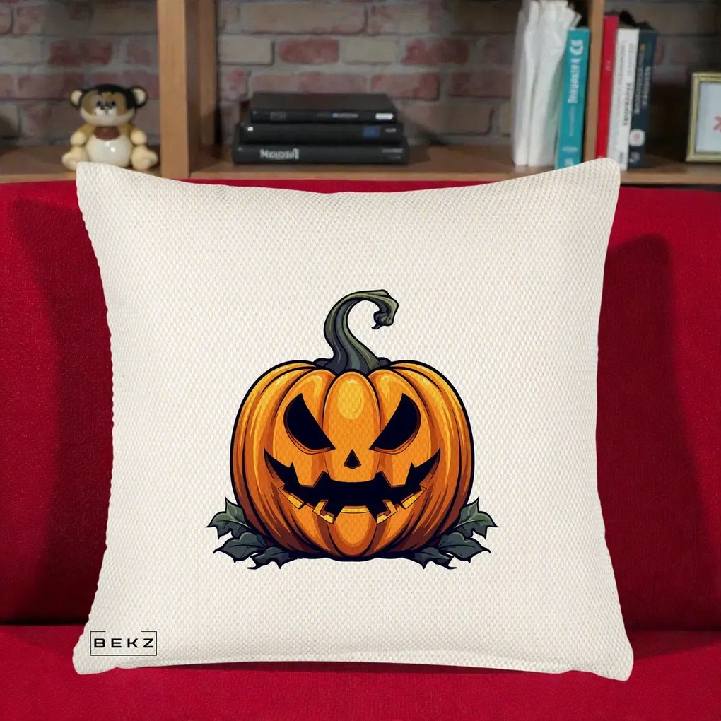 Perna Decorativa Halloween Jack-o'-Lantern Infricosator, 40x40 cm, Crem Reliefat, Husa Detasabila, Perna Inclusa, BEKZ®
