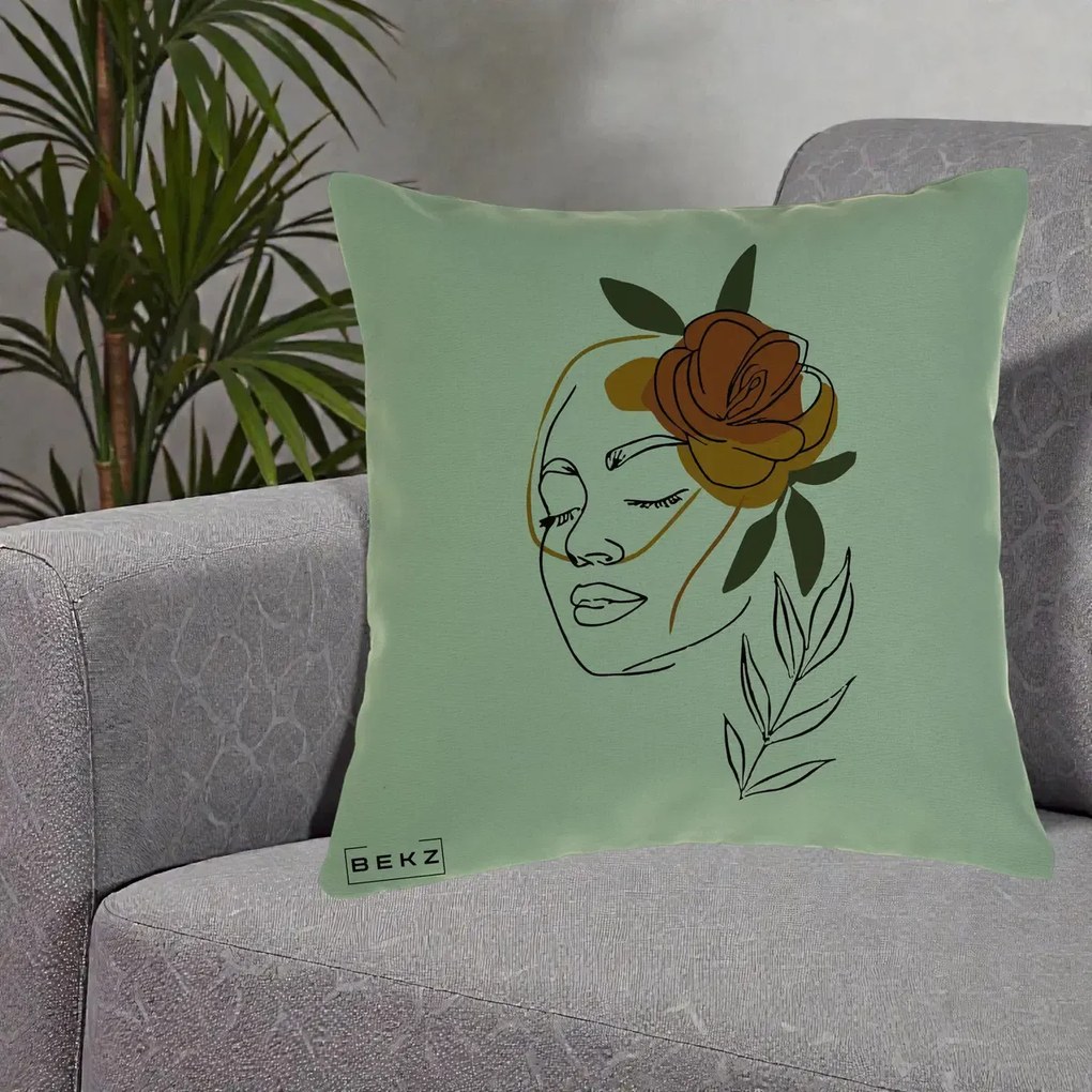 Perna Decorativa Portret Feminin Trandafir Ruginiu, 40x40 cm, Verde, Husa Detasabila, Perna Inclusa, BEKZ®