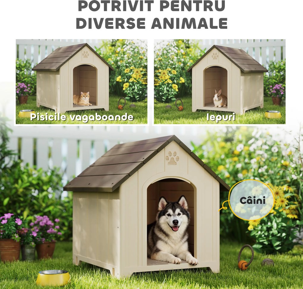 PawHut Căsuță pentru Câini de Exterior, Talie Mare și XL, Adăpost din Plastic Impermeabil cu Bază Ridicată, Ferestre și Acoperiș Înclinat pentru Grădină, Terasă, Curte, 102x94x103 cm, Bej | Aosom Romania