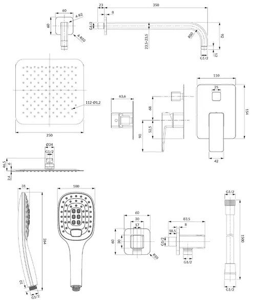 Sistem de dus incastrat cu baterie monocomanda Omnires Parma si para cu 3 functii