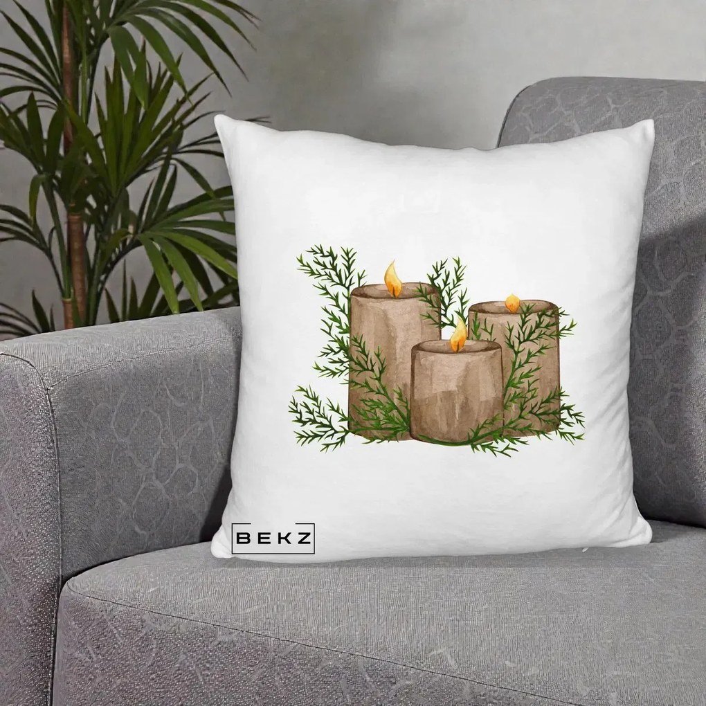 Perna Decorativa Lumanari Rustice cu Crengute Brad, 40x40 cm, Alb Pufos, Husa Detasabila, Perna Inclusa, BEKZ®