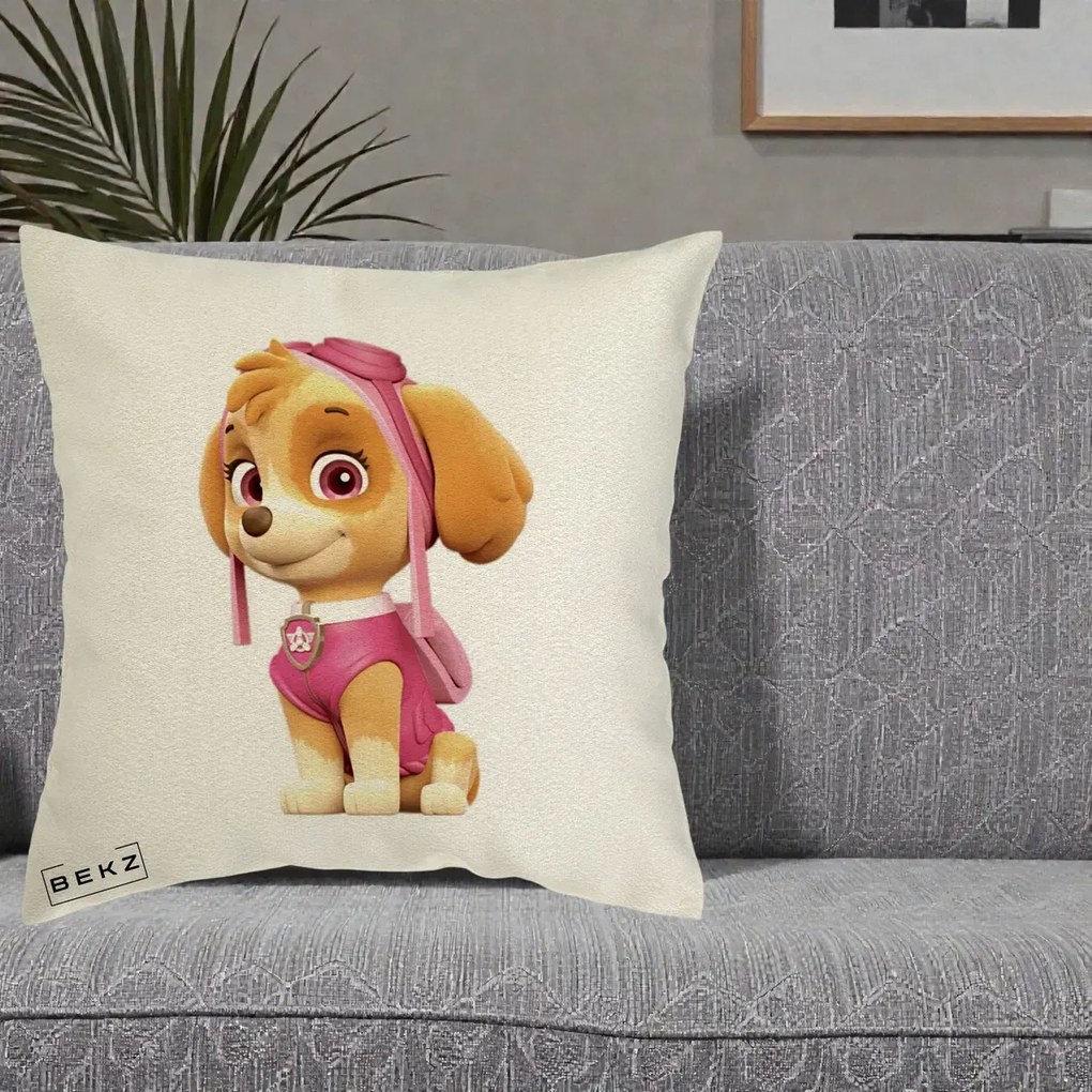 Perna Personalizata Skye PAW Patrol Roz, 40x40 cm, Ecru, Husa Detasabila, Perna Inclusa, BEKZ®