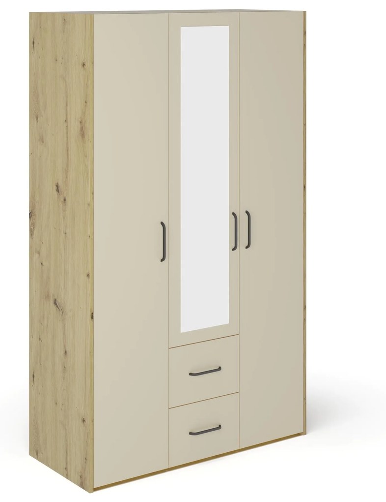 Dulap Malmo, 2 Sertare, 3 Usi, cu oglinda, Stejar Artisan/Argila, 120 x 52 x 200 cm