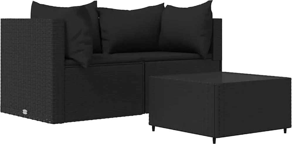 vidaXL Set mobilier de grădină cu perne, 3 piese, negru, poliratan
