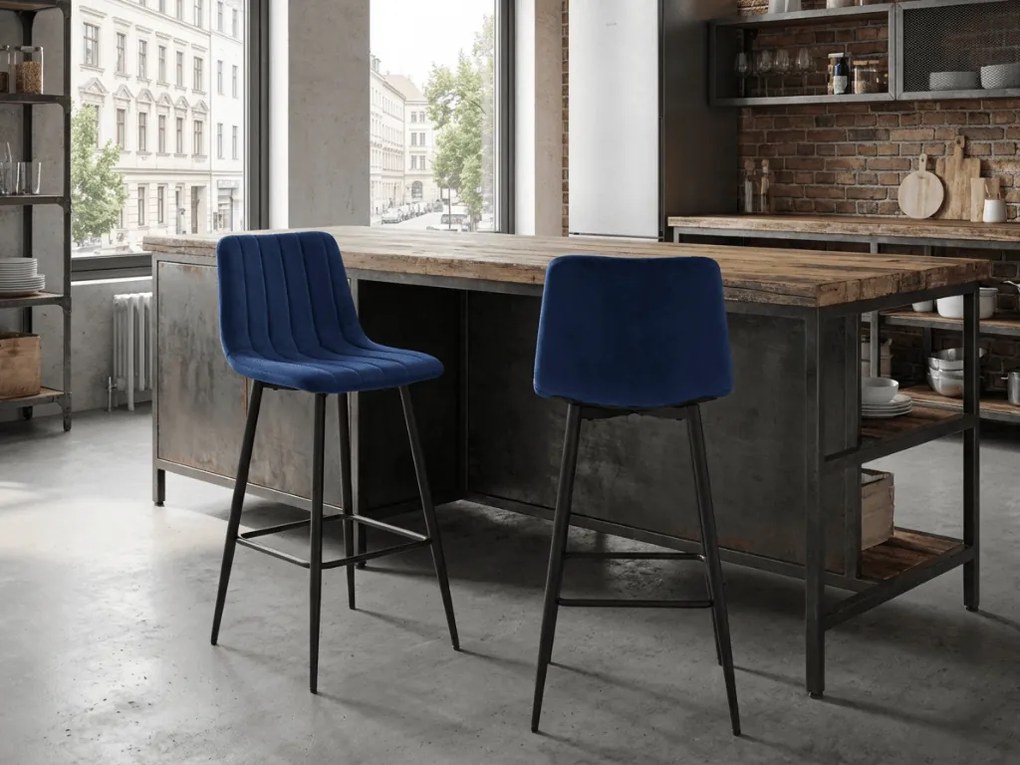 Scaun de bar albastru POZZA VELVET cu picioare negre