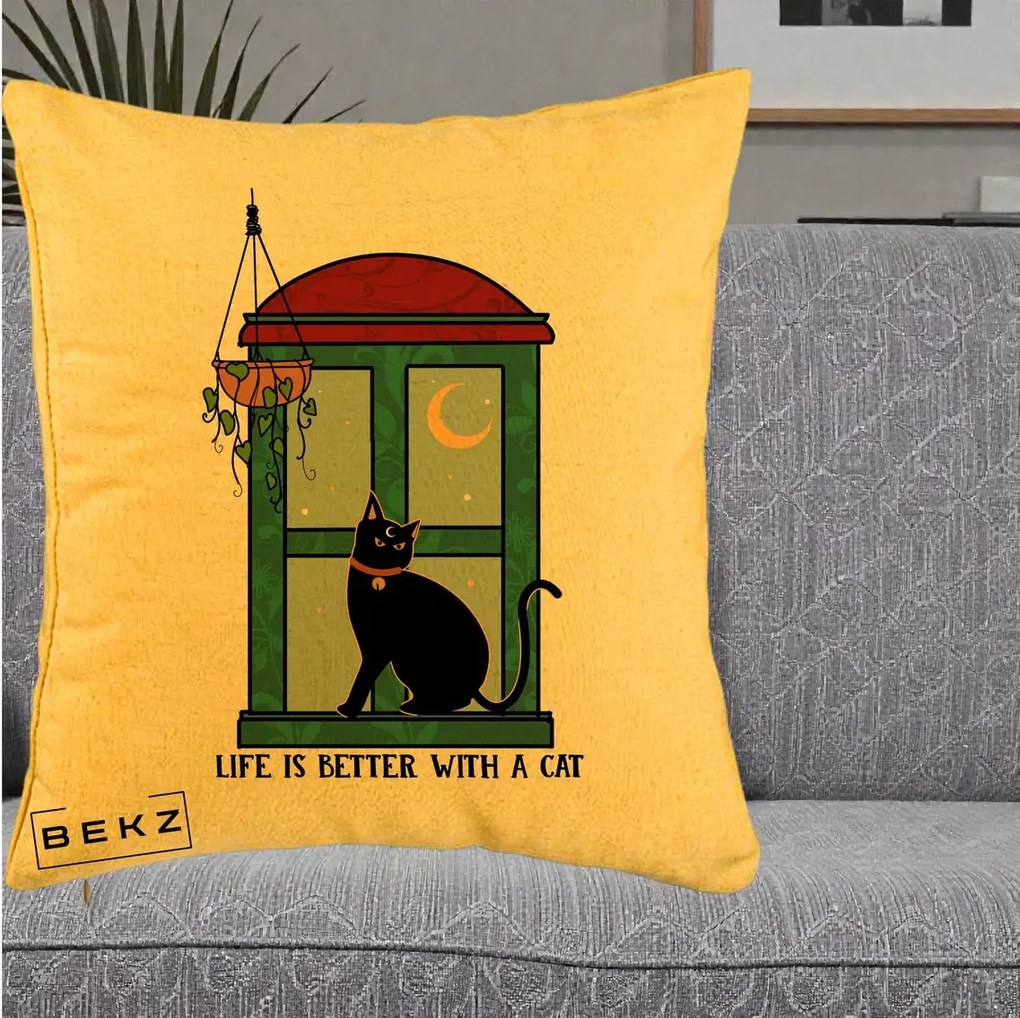 Perna Personalizata Life is Better with a Cat Geam, 40x40 cm, Galben, Husa Detasabila, Perna Inclusa, BEKZ®