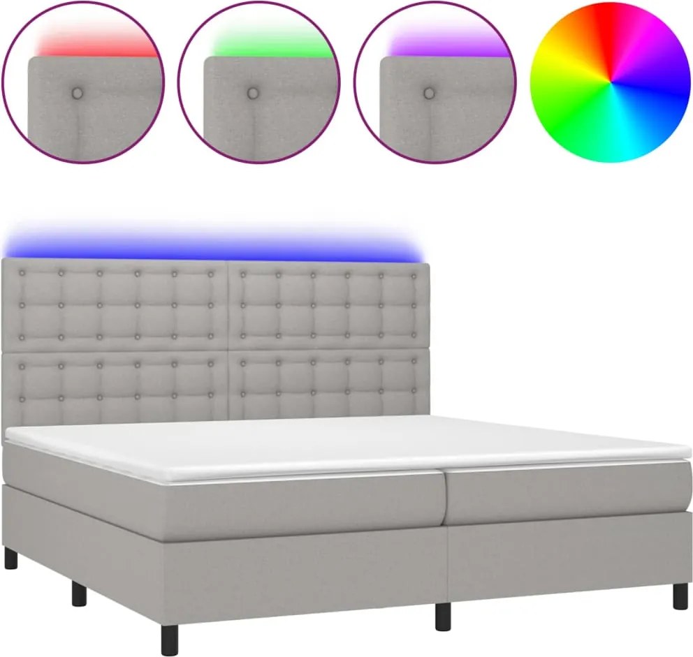 vidaXL Pat cu arcuri, saltea și LED, gri deschis, 200x200 cm, textil