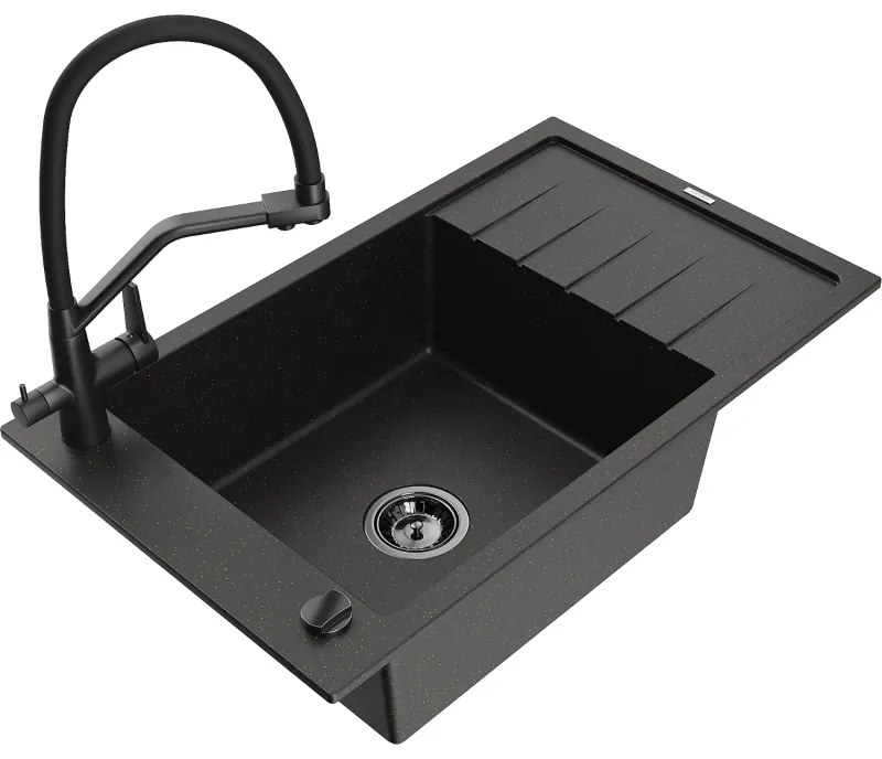 Mexen Elias chiuvetă de granit cu 1 cameră cu picurător și baterie de bucătărie Duo, negru/or metalic auriu