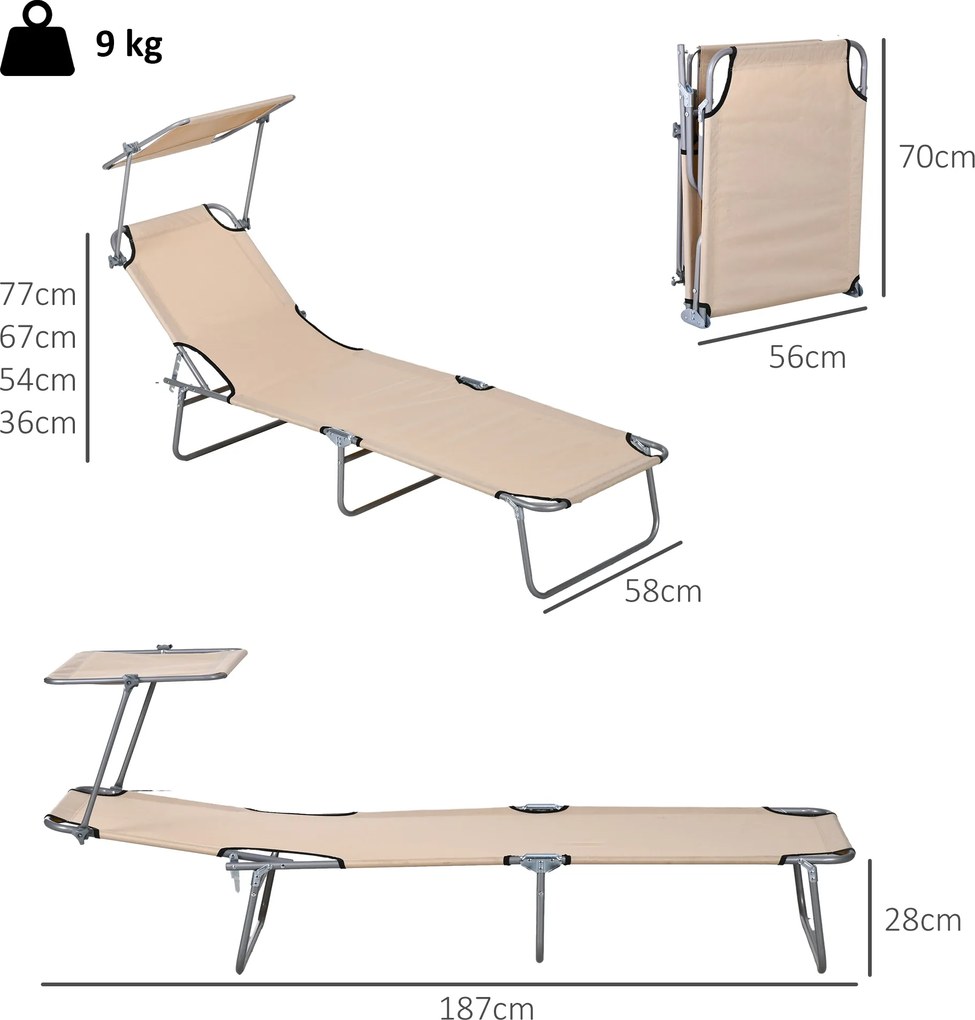 Outsunny Sezlong pentru Gradina cu Baldachin Reglabil, Sezlong pentru Plaja Pliabil Rabatabil pe 4 Niveluri, Bej | Aosom Romania