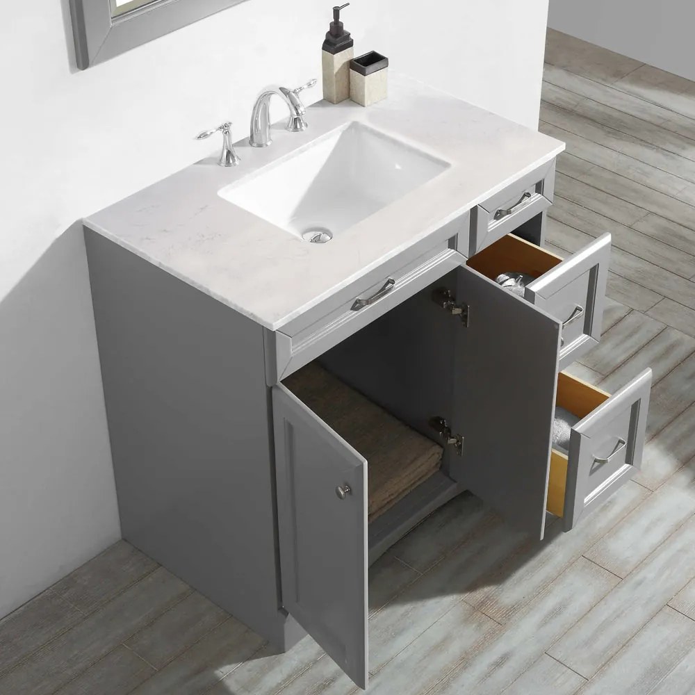 SET MOBILIER BAIE, DULAP LEMN 3 SERTARE CU LAVOAR, BLAT QUARTZ + OGLINDA RAMA LEMN, LOGOS 91.4X55.8X86 CM, GRI