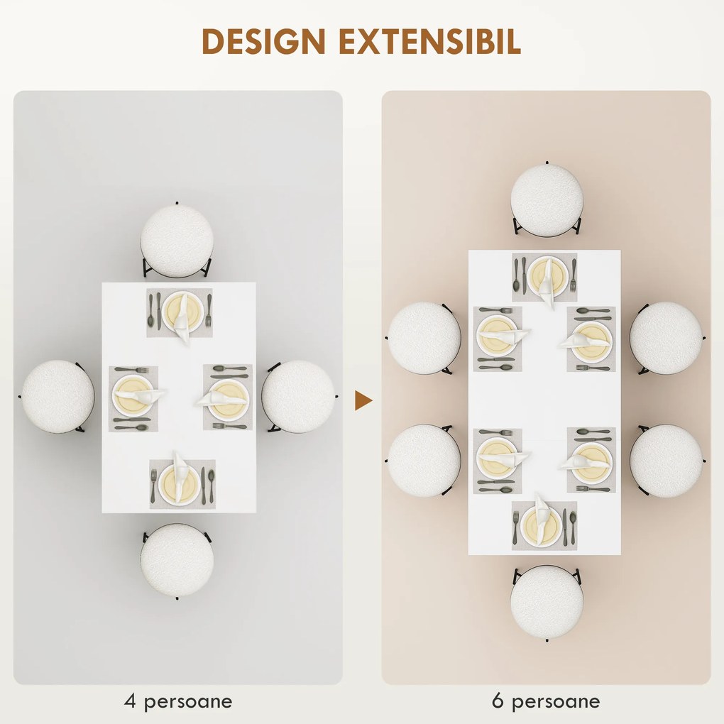 HOMCOM Masă Extensibilă pentru 4-6 Persoane cu Panouri Rabatabile, 120-160x80x78 cm, Alb Lucios | Aosom Romania