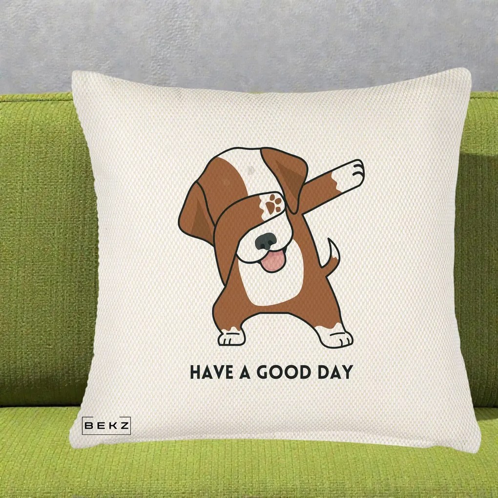 Perna Decorativa Caine Dab Have A Good Day, 40x40 cm, Crem Reliefat, Husa Detasabila, Perna Inclusa, BEKZ®