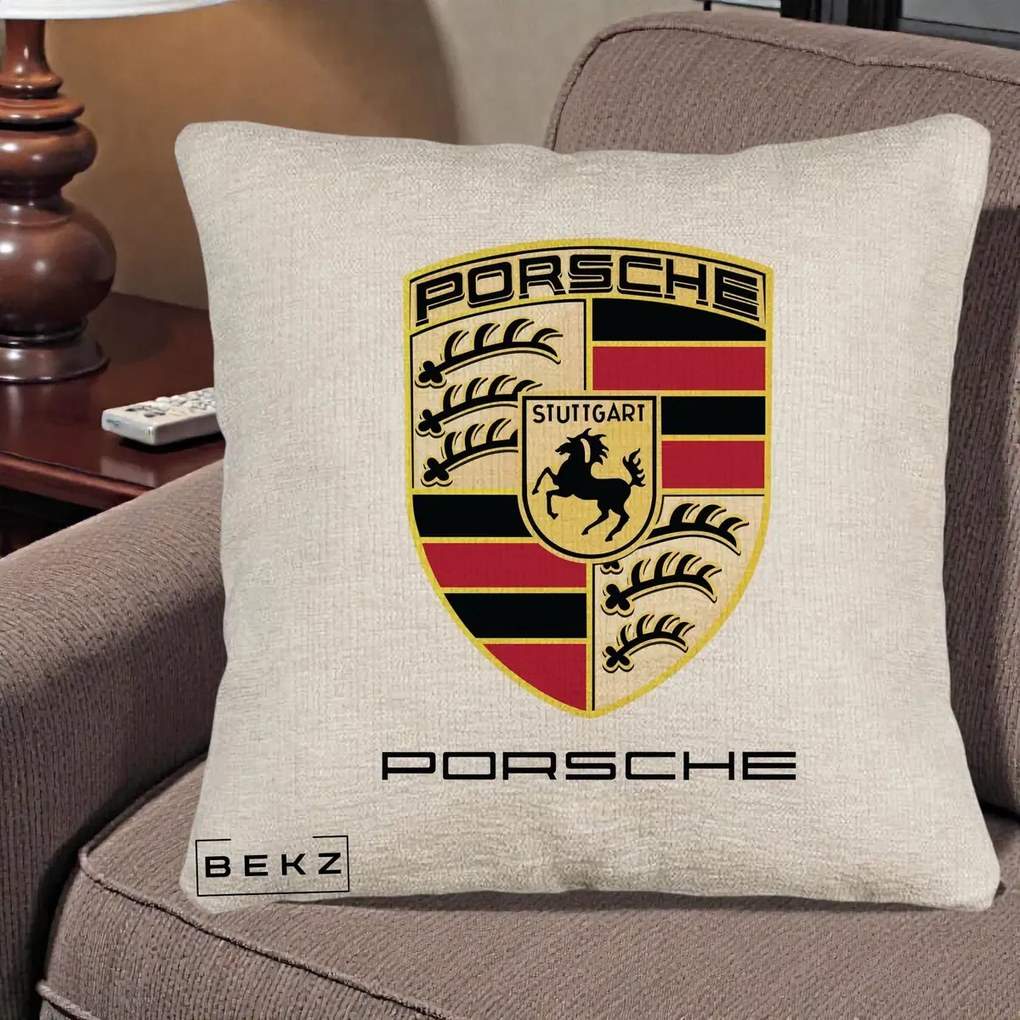 Perna Personalizata Porsche Stuttgart, 40x40 cm, Bej Canapea, Husa Detasabila, Perna Inclusa, BEKZ®