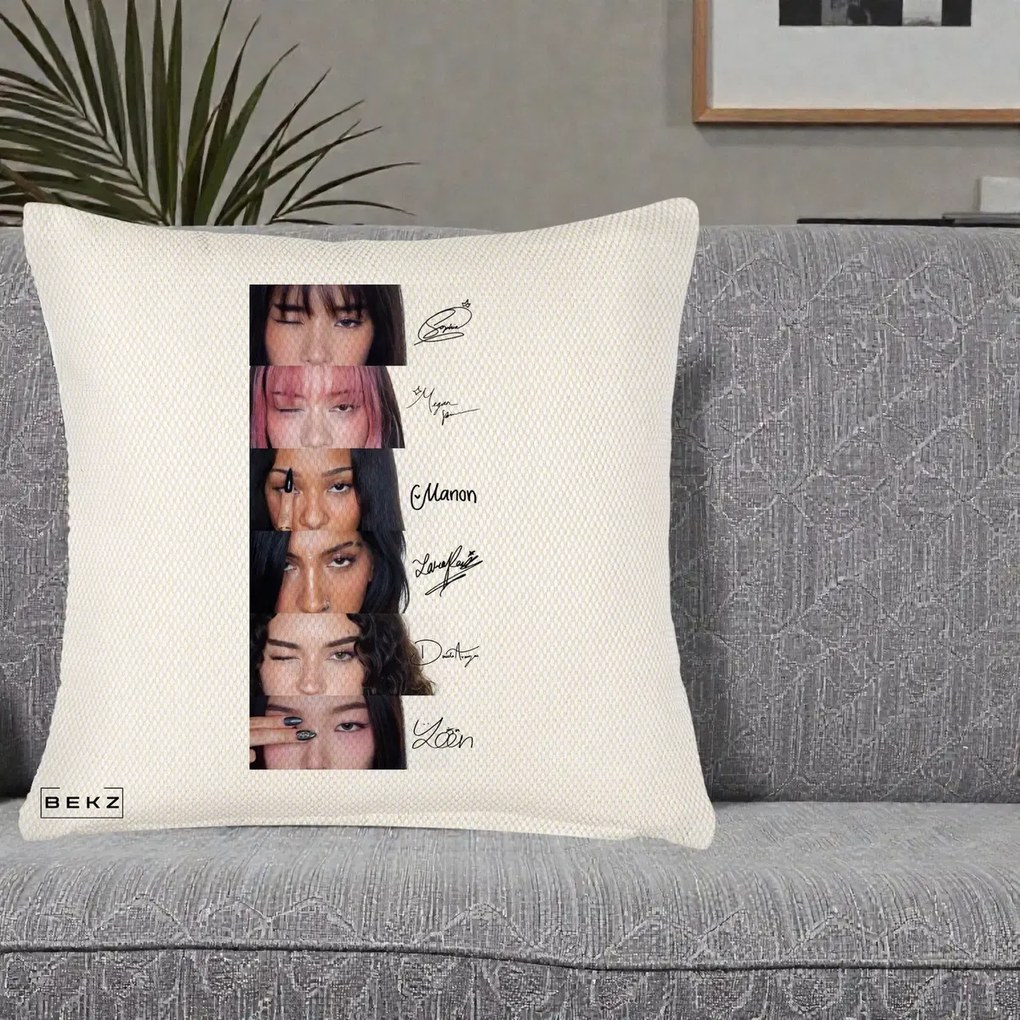 Perna Personalizata K-pop KATSEYE Semnaturi fara Foto, 40x40 cm, Crem Reliefat, Husa Detasabila, Perna Inclusa, BEKZ®