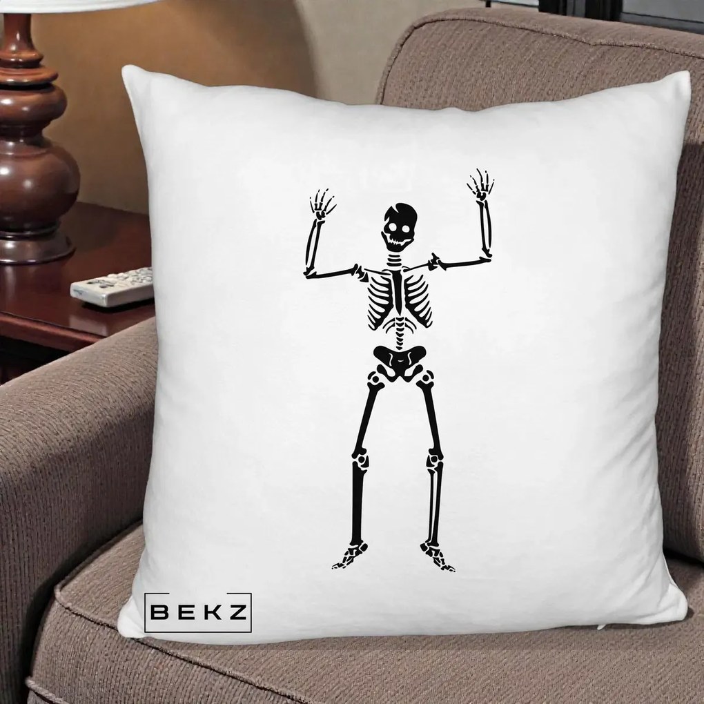 Perna Decorativa Halloween Schelet Dansator, 40x40 cm, Alb Pufos, Husa Detasabila, Perna Inclusa, BEKZ®