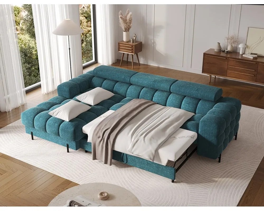 Colțar albastru extensibil/cu spațiu de depozitare cu tapițerie din țesătură bouclé (cu colț pe partea stângă/cu șezlong) Felro – ELTAP