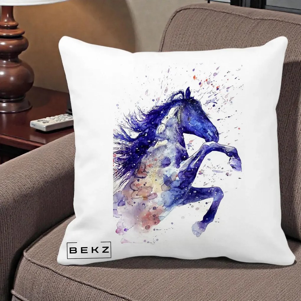 Perna Decorativa Cal Albastru Acuarela, 40x40 cm, Alba Mata, Husa Detasabila, Perna Inclusa, BEKZ®