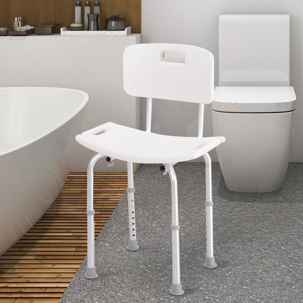 HOMCOM Scaun de Duș Antiderapant cu Spătar și Înălțime Reglabilă pe 8 Poziții, 50,6x43x71-88 cm, Alb | Aosom Romania
