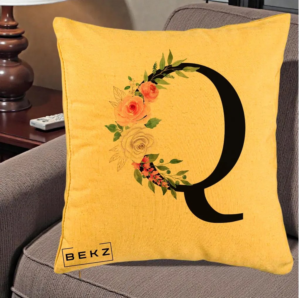 Cadou Personalizat - Perna Personalizata Monograma Florala Litera Q, 40x40 cm, Galben, Husa Detasabila, Perna Inclusa, BEKZ®