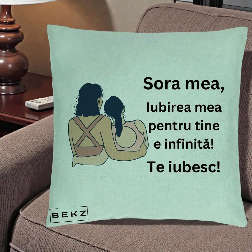 Cadou pentru Sora - Perna Personalizata Sora Mea Te Iubesc Doua Fete Fashioniste Line Art, 40x40 cm, Verde Menta, Husa Detasabila, Perna Inclusa, BEKZ®
