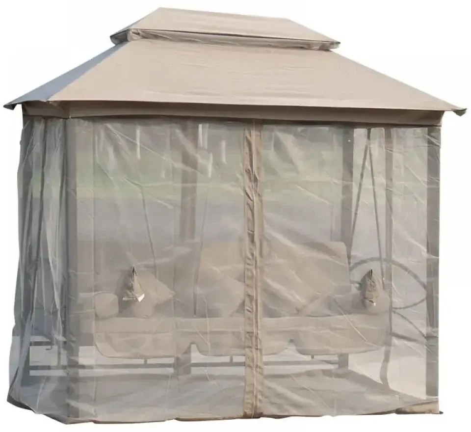 Foisor de gradină cu balansoar, canapea 3 locuri, pavilion gradina cu plasa tantari, cadru metalic, 252x175x250 cm, Bej