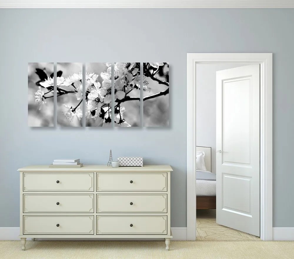 Tablou 5-piese floare de cireș în design alb-negru