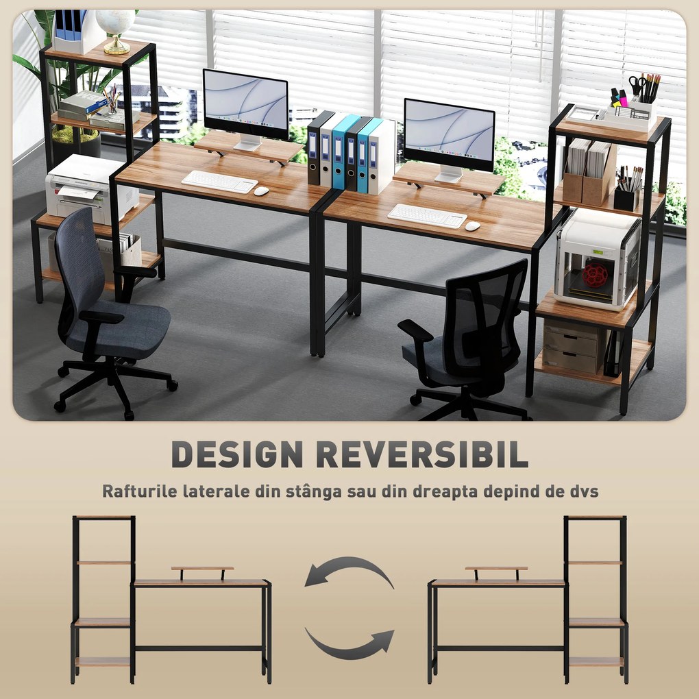 HOMCOM Birou pentru Computer cu Suport pentru Monitor și Raft pentru Imprimantă, 150x48x125 cm, Maro | Aosom Romania