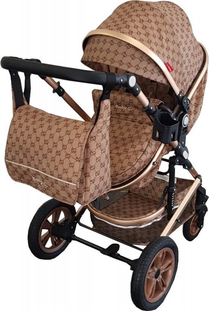 Carucior nou nascuti 3 in 1 Baby Care™ PRO 530 , Cu geanta bebe, Cadru Aluminiu Gold, Amortizoare, Roti din cauciuc plin AVE, Landou, Scoica auto,