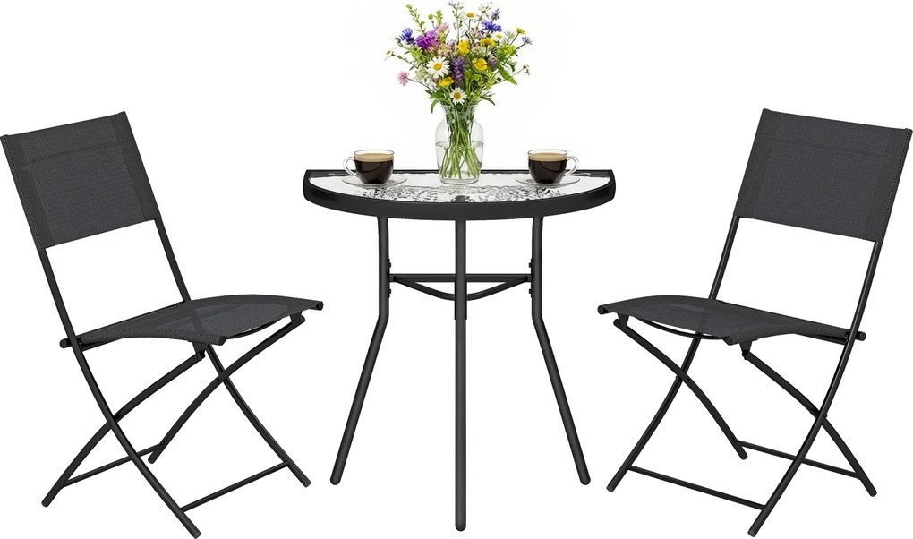 Outsunny Set bistro de exterior, mobilier de terasă 3 piese cu scaune pliante, masă din sticlă semicirculară, negru | Aosom Romania