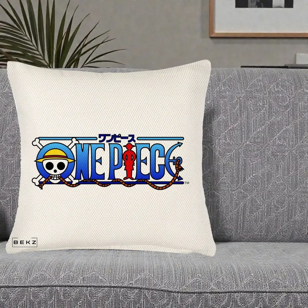 Perna Personalizata One Piece Clasic Albastru, 40x40 cm, Crem Reliefat, Husa Detasabila, Perna Inclusa, BEKZ®