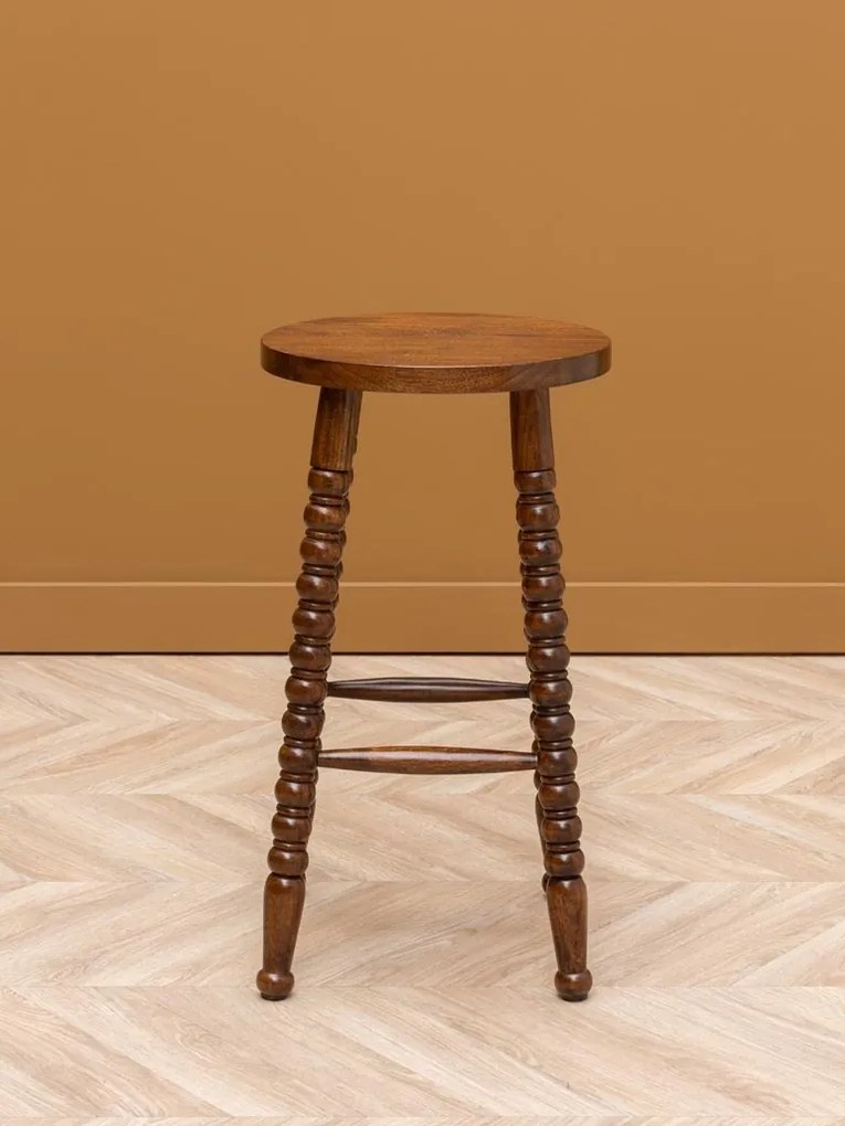 Scaun de bar din lemn de mango cu picioare sculptate, finisaj maro antichizat lucios, 66×36 cm, „Bolia"
