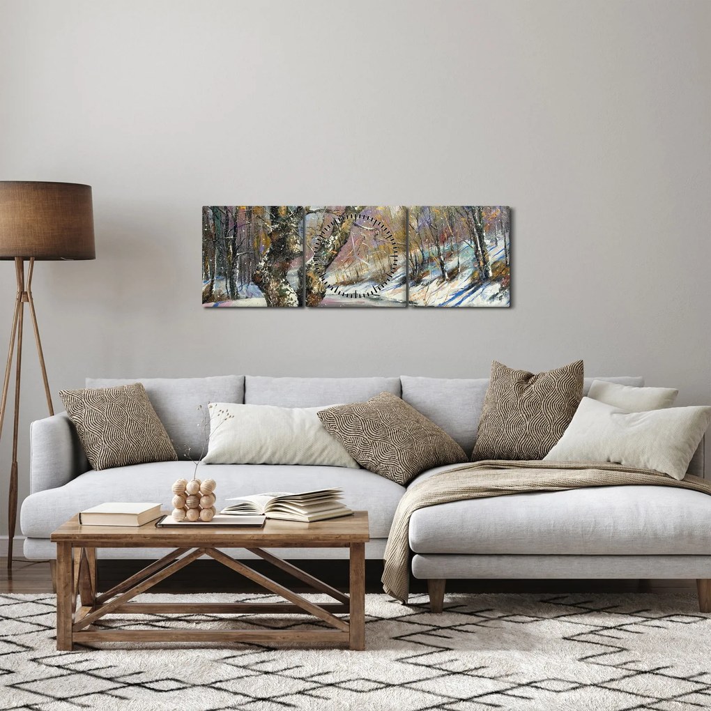 Tablou cu peisaj de iarnă pictat (cu ceas) (90x30 cm)