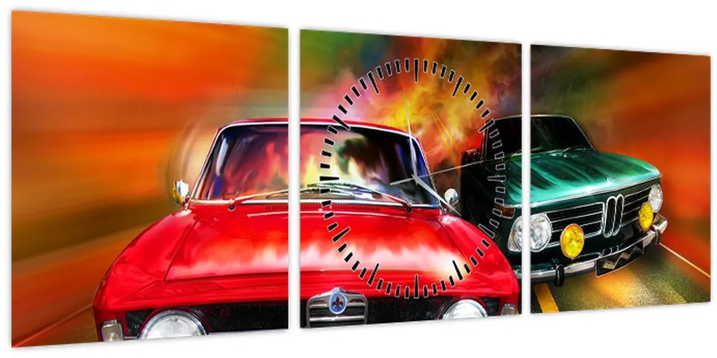 Tablou - Mașini de curse retro (cu ceas) (90x30 cm)