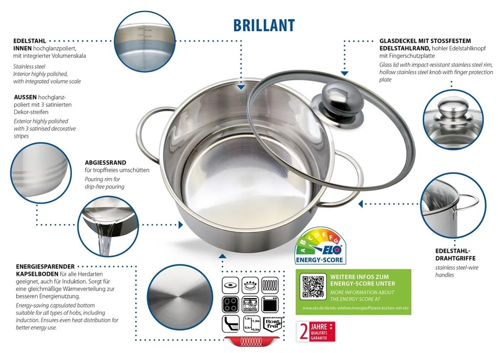 Elo 22120 Basic Oală din oțel inoxidabil Brillant20 cm, 2,6 l, 2,6 l
