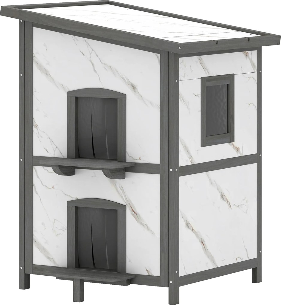 PawHut Căsuță pentru exterior, casă din lemn pentru pisici, intrări multiple, fereastră, rezistent la apă, 60 x 60 x 88 cm, Alb | Aosom Romania