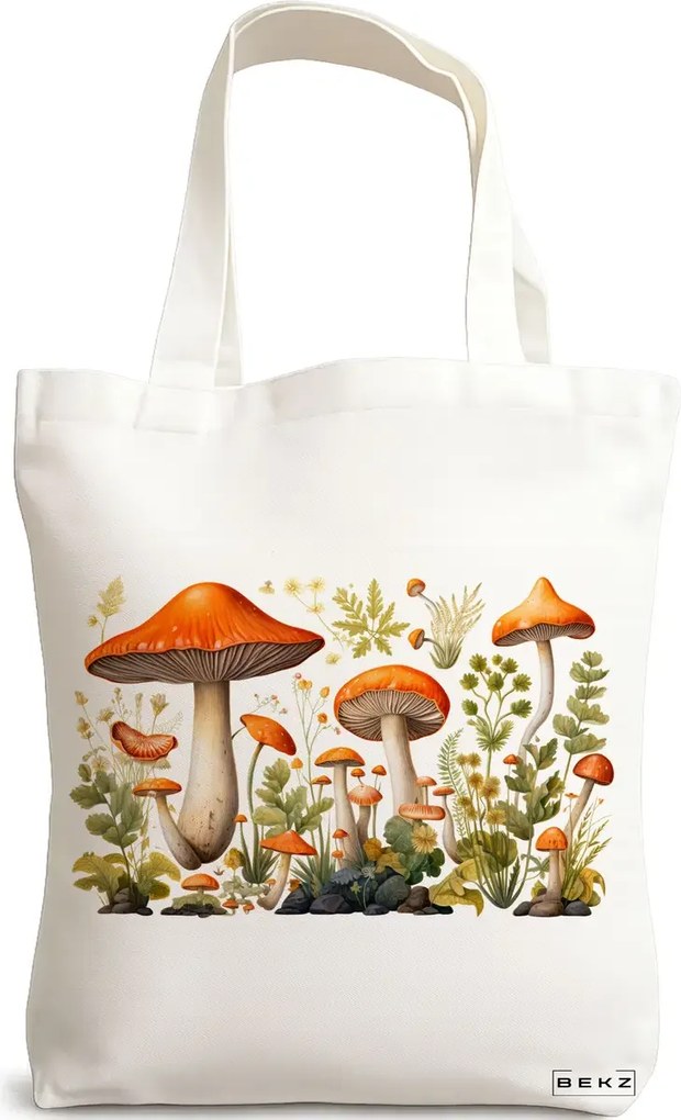 Sacosa de Panza pentru Cumparaturi, Geanta Tote Colorful Mushrooms 12, 38x34.5 cm, Alba, BEKZ®