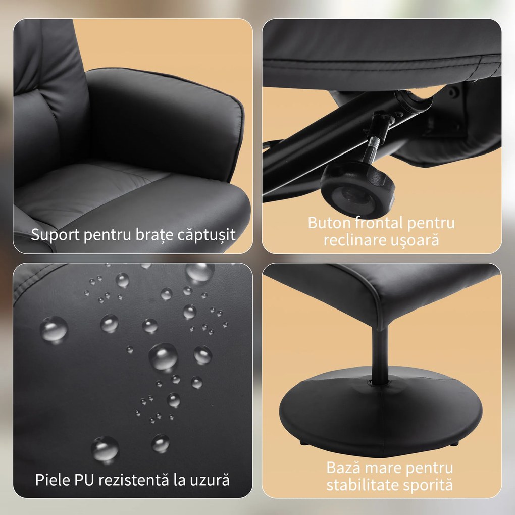HOMCOM Fotoliu Relaxant cu Suport pentru Picioare, Reclinabil 145° cu Șezut Rotativ, cu 10 Puncte de Masaj, Negru | Aosom Romania