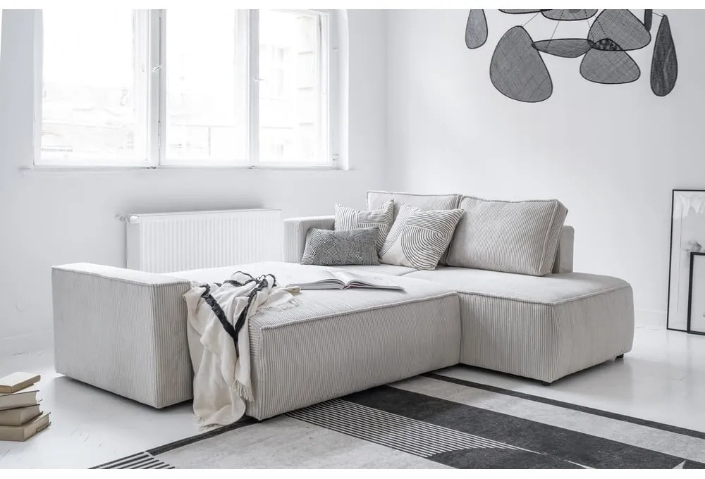Colțar alb extensibil cu tapițerie din catifea reiată (cu colț pe partea dreaptă) Brave Dave – Miuform