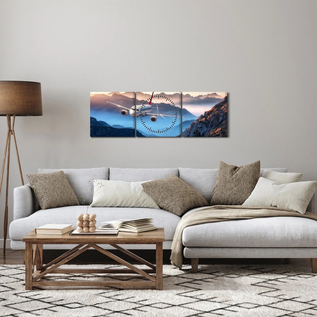 Tablou - Avion peste crestele montane (cu ceas) (90x30 cm)