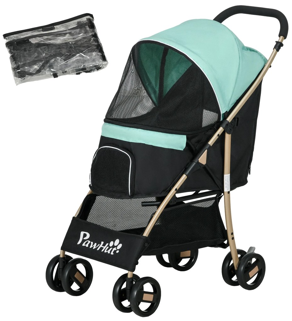 PawHut Cărucior pentru Câini Mici, Cărucior Pliabil cu Husă de Ploaie, Coș și Curea Integrată, 80x44,5x97 cm, Verde | Aosom Romania