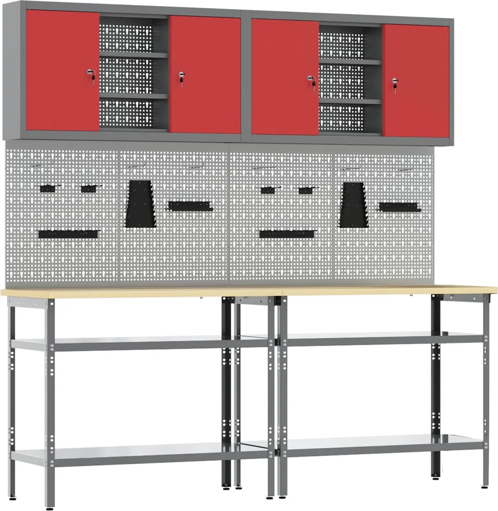 vidaXL Set banc de lucru 8 pcs Roșu și gri Oțel vopsit electrostatic