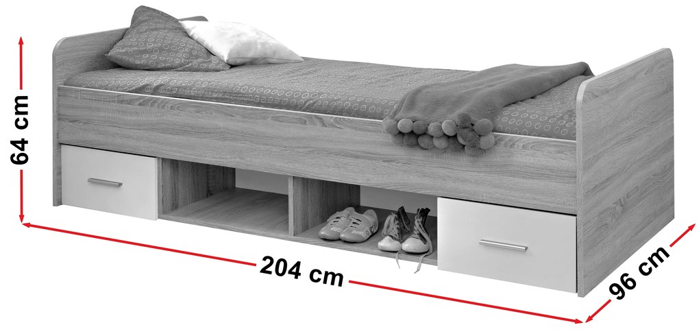 Pat de o persoană 90 cm Daron 23 DSW DI-04 (stejar sonoma + alb) (cu sertare). 1024527