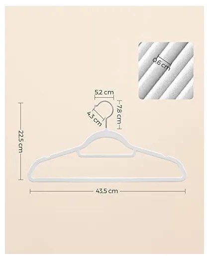 Set 50 de umerase din catifea, Songmics, 43.5 cm, CRF020W02, Alb