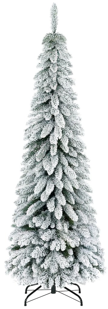HOMCOM Brad Artificial de Craciun Inalt 180cm, Decor Tip Creion cu 523 de Crengute Pline de Zapada, Forma Coborata, Baza din Otel