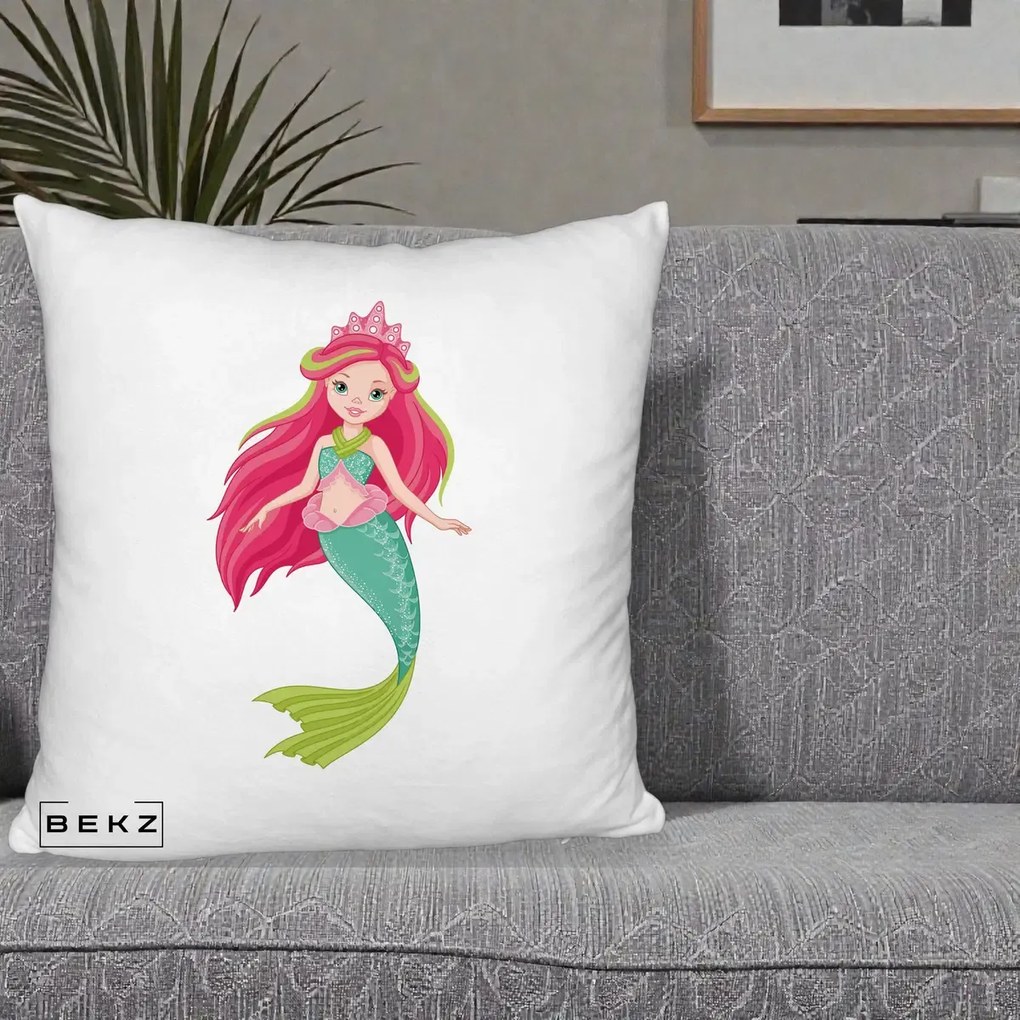 Perna Decorativa Sirena Roz cu Coroana, 40x40 cm, Alb Pufos, Husa Detasabila, Perna Inclusa, BEKZ®