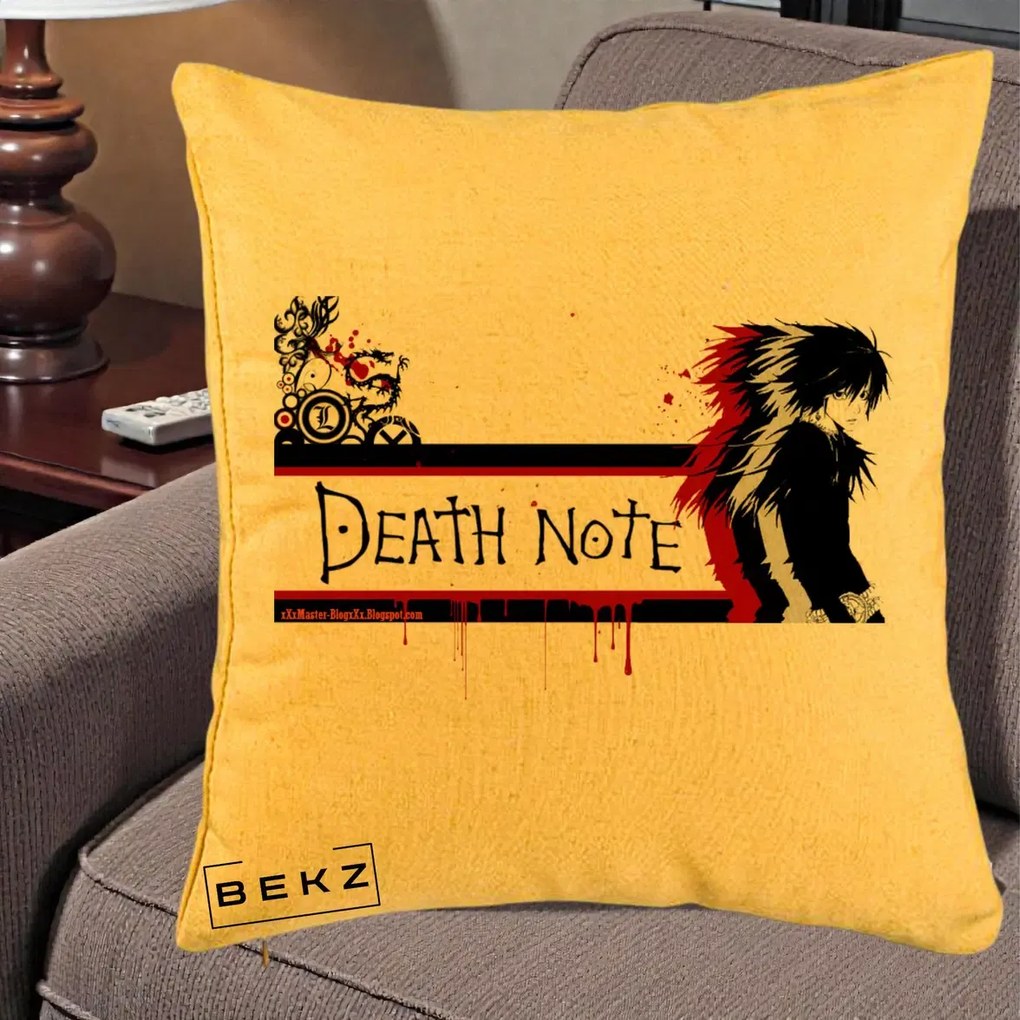 Perna Personalizata Death Note L Lawliet Rosu-Negru, 40x40 cm, Galben, Husa Detasabila, Perna Inclusa, BEKZ®
